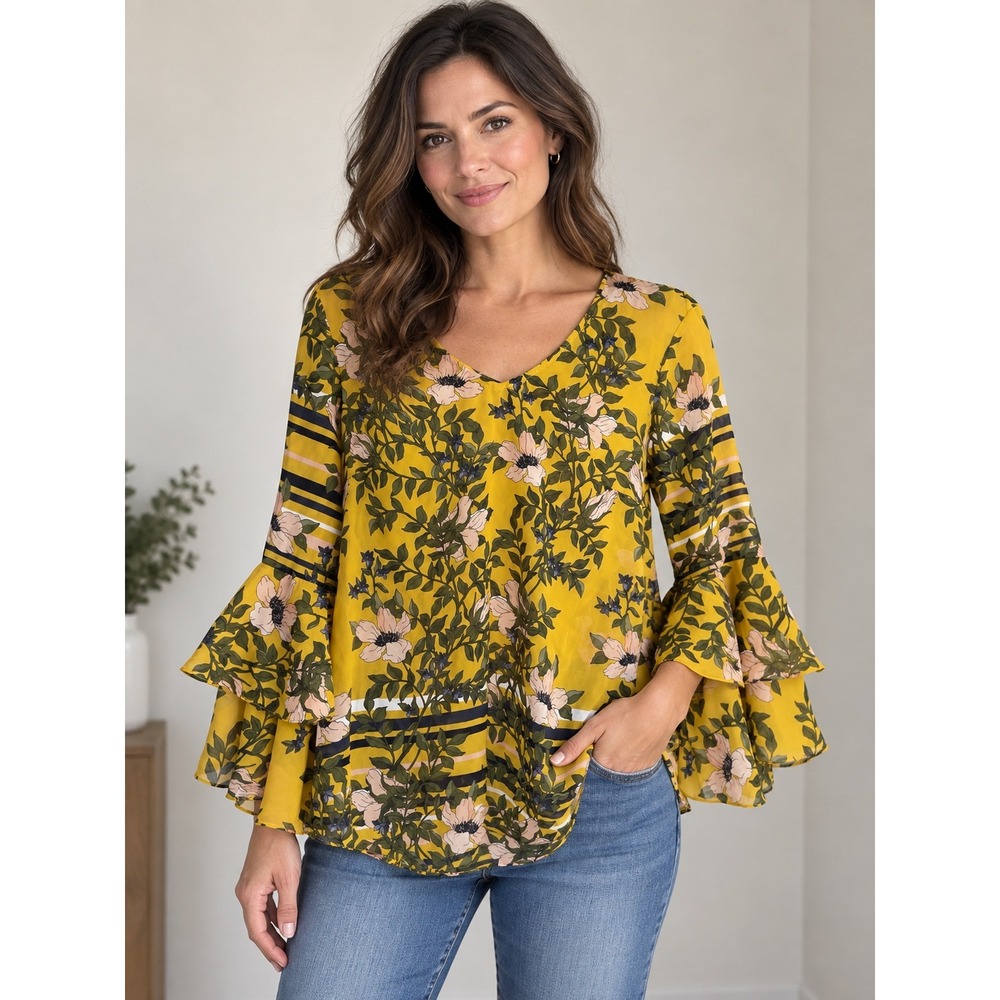 Cabi Dazzle Top 5518 Mustard Yellow Floral Tiered Bell Sleeve Blouse Womens S